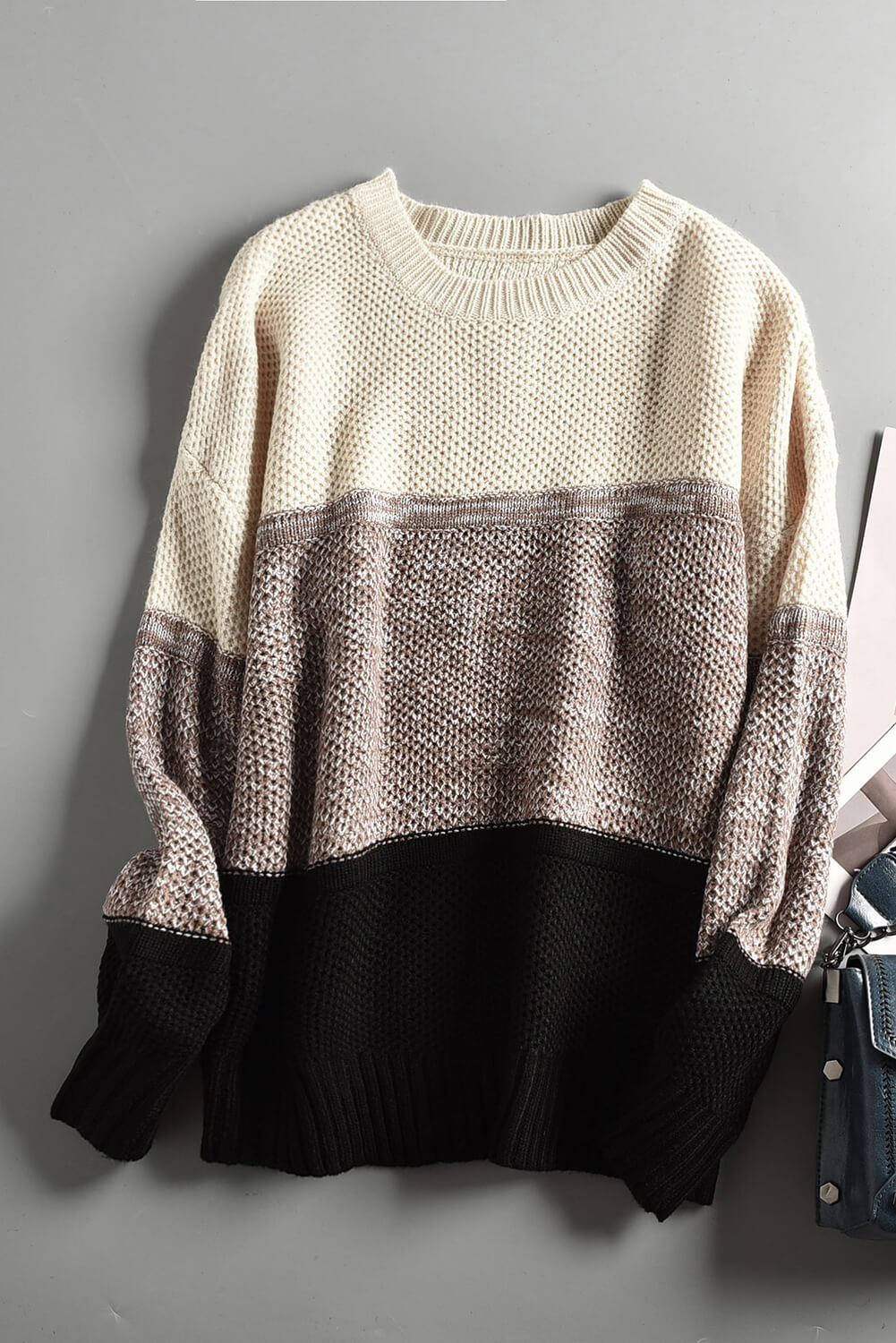 Colour Block Netted Texture Pullover Sweater | Black