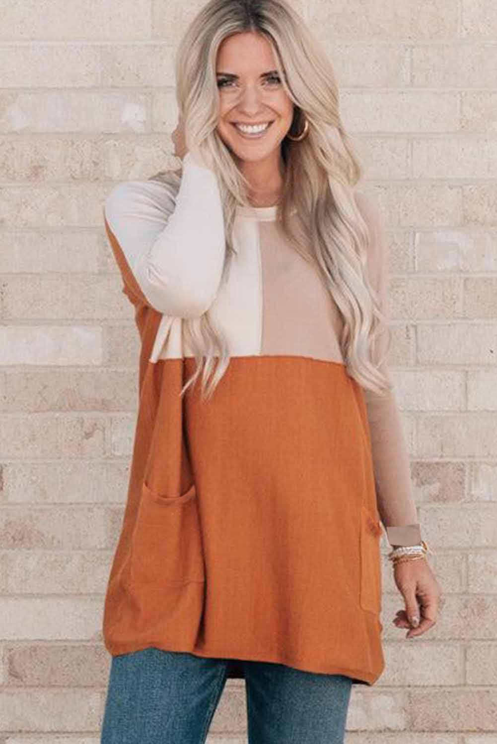 Pocketed Colour Block Patchwork Long Sleeve Top | Orange