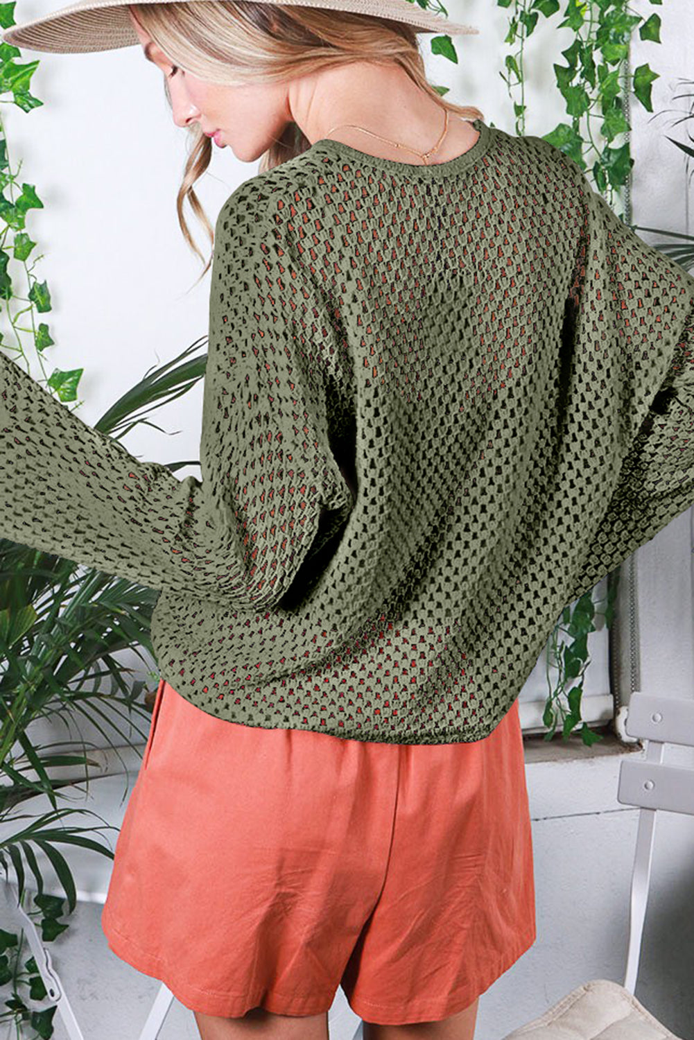 Open Knit Buttoned Neck Split Sleeve Sweater | Vineyard Green