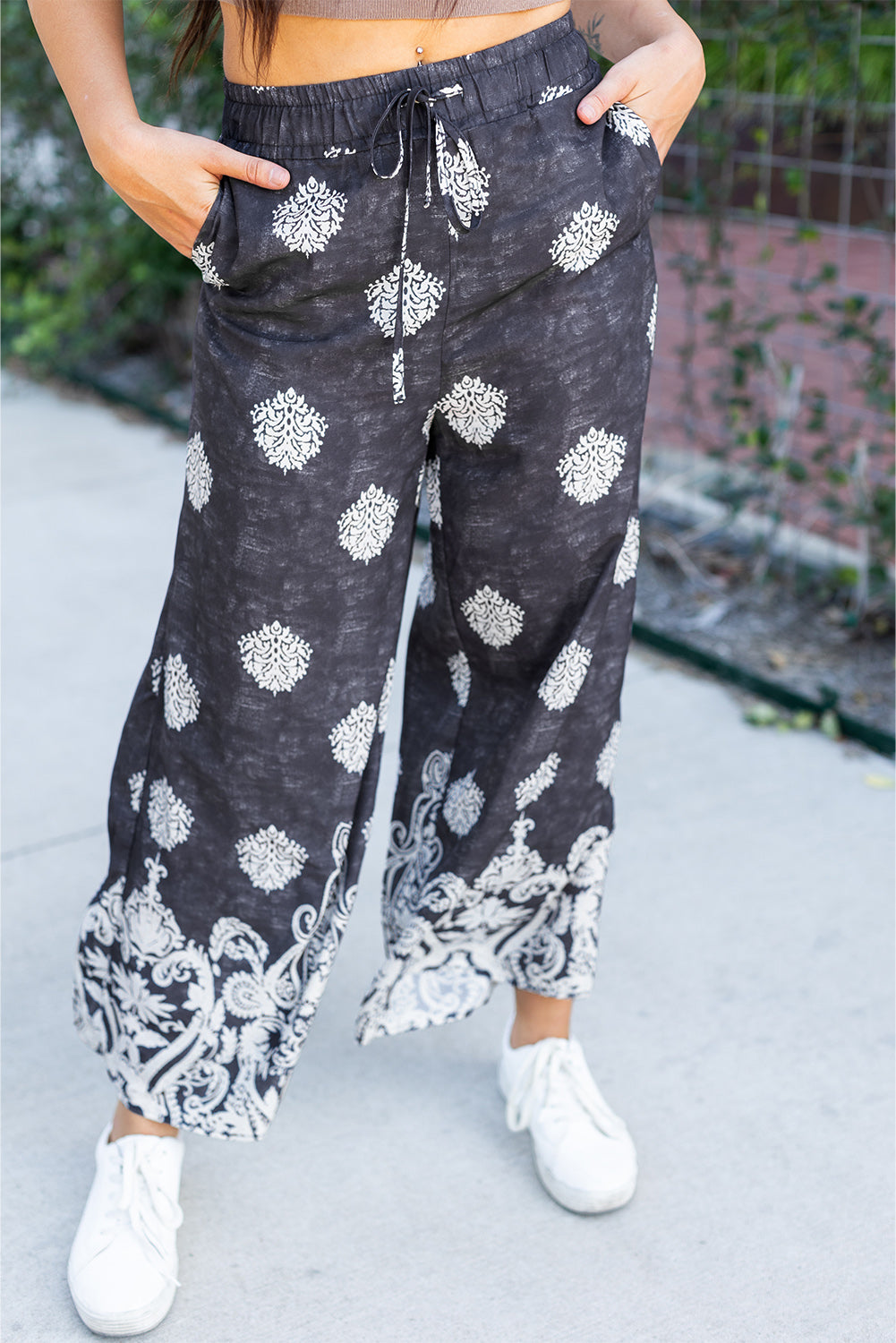 Bohemian Printed Drawstring Waist Wide Leg Pants | Black