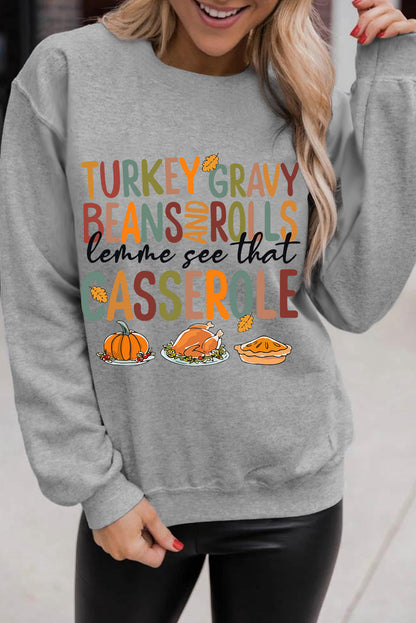 Thanksgiving Slogan Pumpkin Turkey Pie Graphic Sweatshirt | Gray