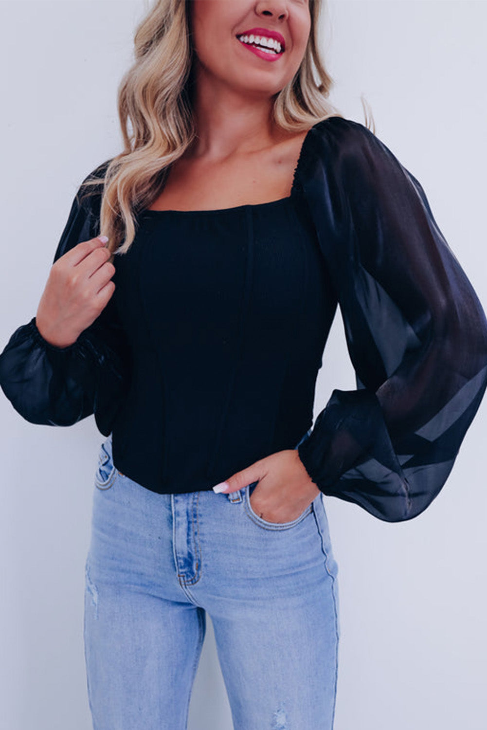 Sheer Lantern Sleeve Square Neck Top | Black