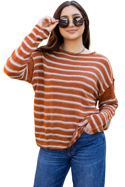 Drop Shoulder Casual Sweater | Brown Stripe