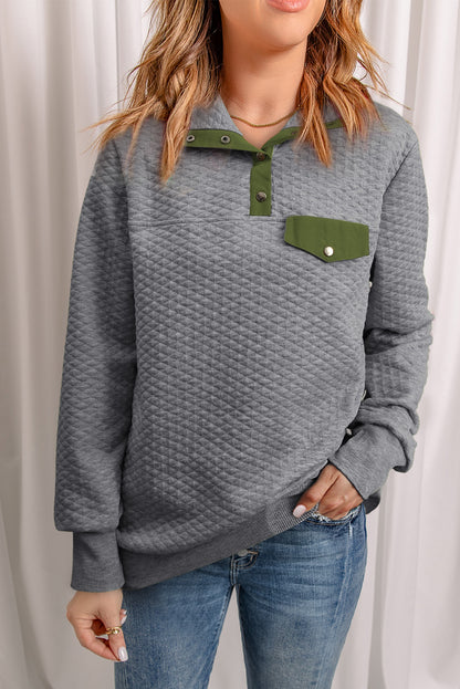 Dark Gray Quilted Snaps Stand Neck Sweatshirt with Fake Front Pocket