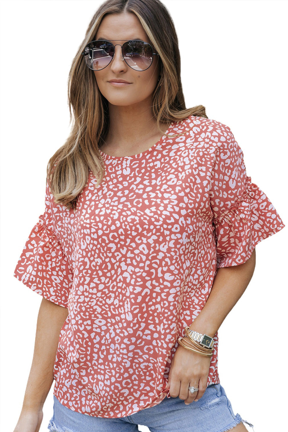 Leopard Spotted Ruffle Sleeve T-Shirt | Pink