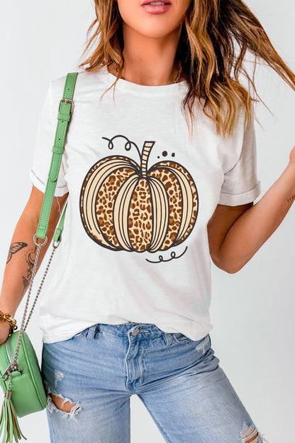 Leopard Pumpkin Graphic Crewneck Halloween T Shirt | White