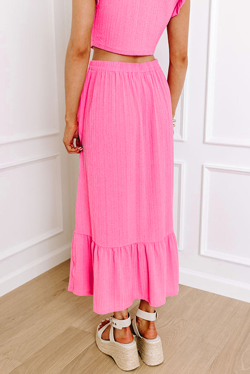 Textured Ruffle Trim Crop Vest Lace-Up Long Skirt Set | Bonbon