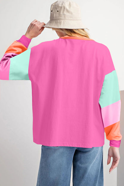 Colourblock Patchwork Long Sleeve Loose Top | Rose Red