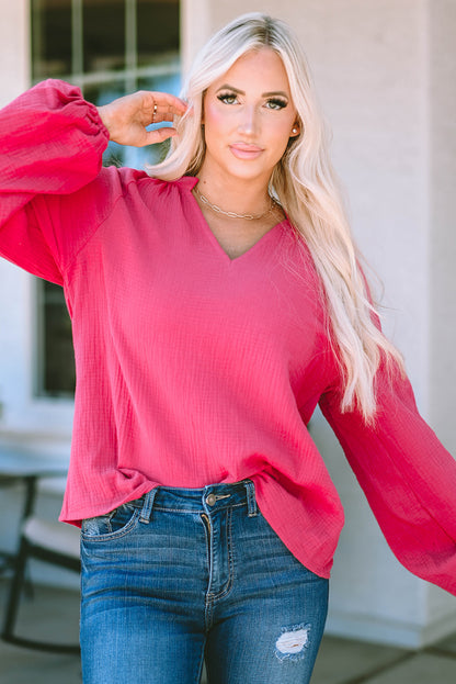 Crinkle Split Neck Puff Sleeve Blouse | Rose