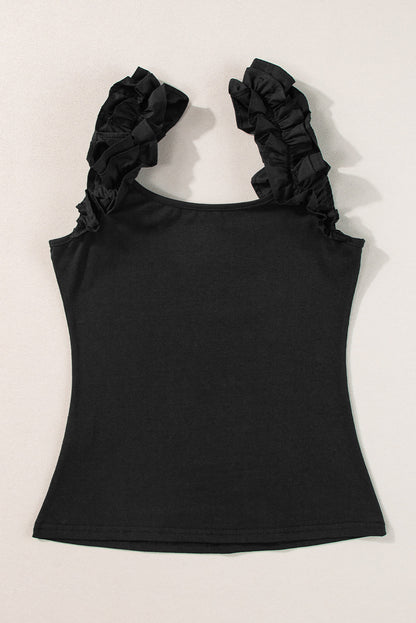 Ruffled Wide Straps Slim Tank Top | Black