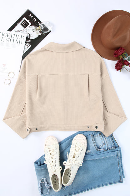 Waffle Knit Buttons Cropped Jacket With Pockets | Khaki