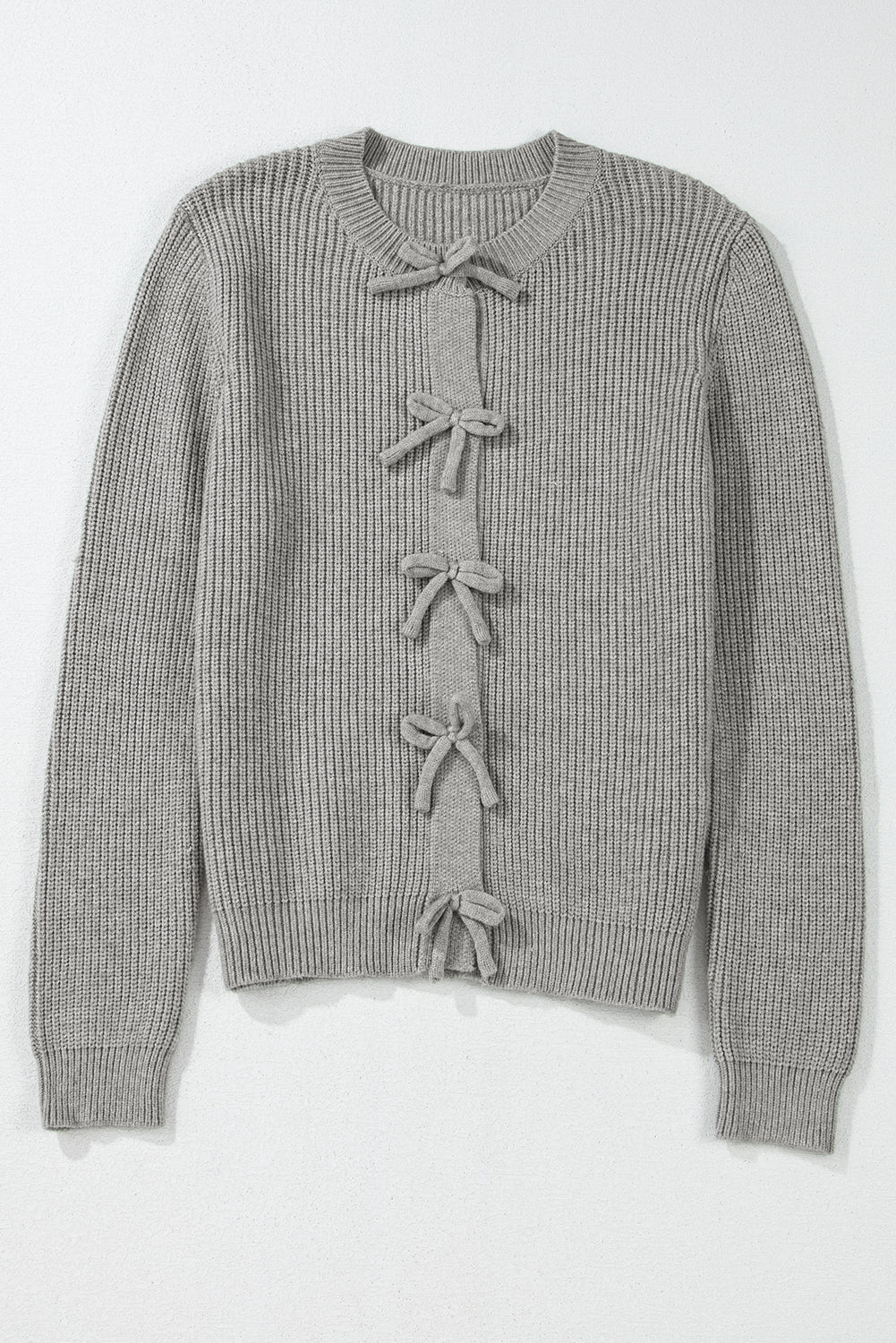 Ribbed Knit Bow Front Buttoned Cardigan | Philippine Gray