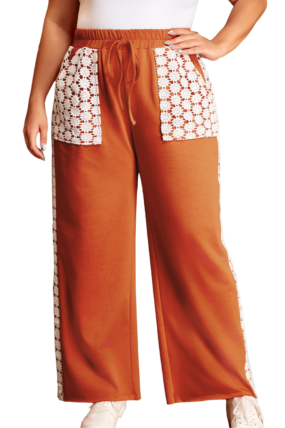 Plus Size Floral Crochet Patch Drawstring Wide Leg Pants | Gold Flame