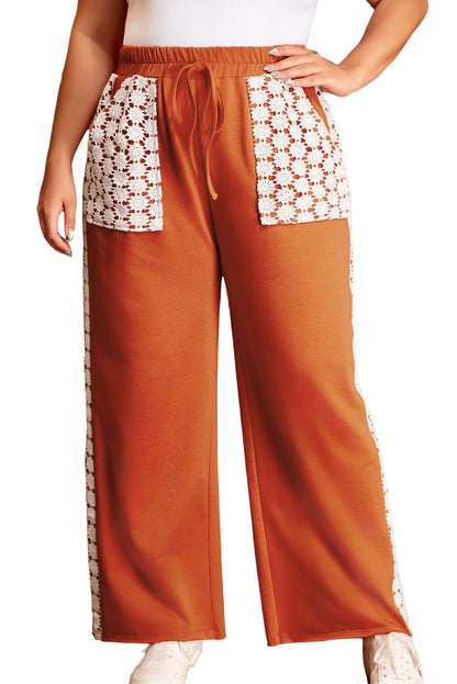 Plus Size Floral Crochet Patch Drawstring Wide Leg Pants | Gold Flame