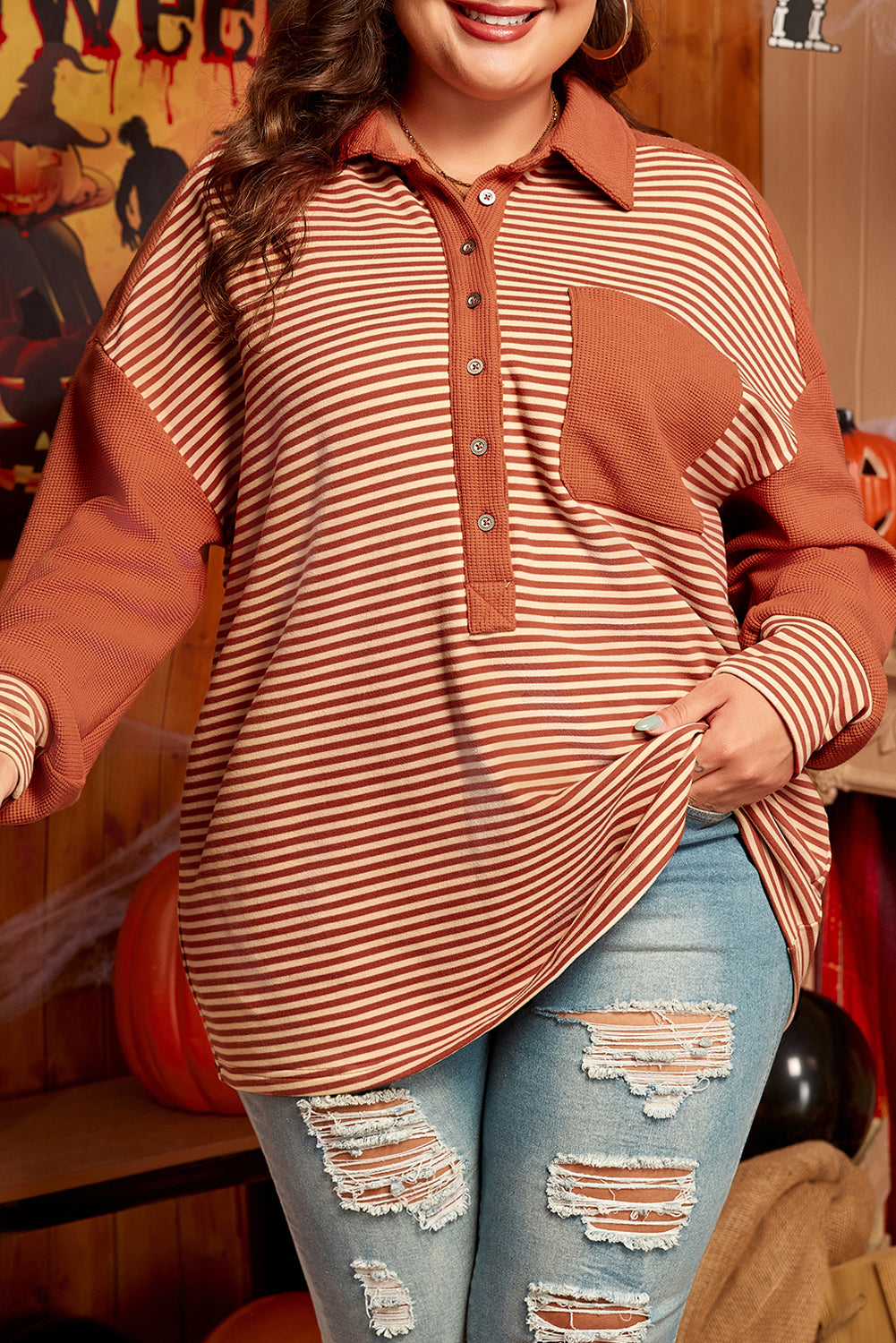 Textured Patched Drop Shoulder Buttoned Plus Size Sweatshirt | Red Stripe