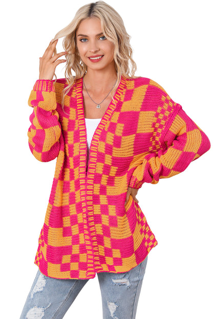 Open Front Mixed Checkered Pattern Knit Cardigan | Multicolour