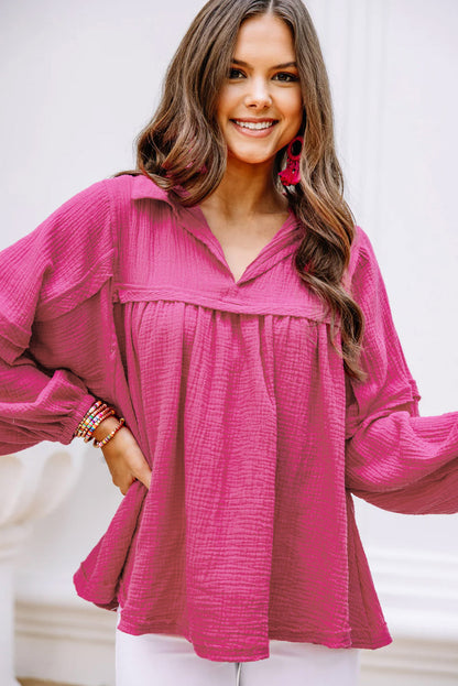 Crinkle Collared V-Neck Bubble Sleeve Flowy Blouse | Rose