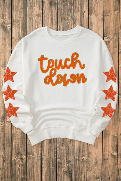 Glittering Touch Down Patched Pattern Star Sleeve Sweatshirt | Beige