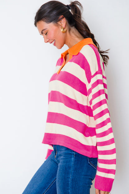 Colour Block Collared V Neck Drop Shoulder Sweater | Rose Stripe