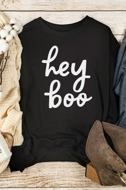 Hey Boo Letter Print Long Sleeve Pullover Sweatshirt | Black