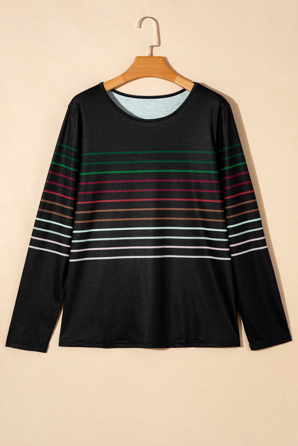 Multicolour Striped Crew Neck Long Sleeve Top | Black