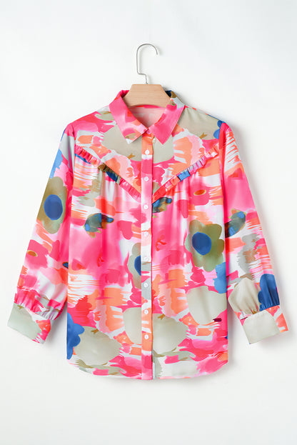 Abstract Print Ruffled Puff Sleeve Shirt | Rose