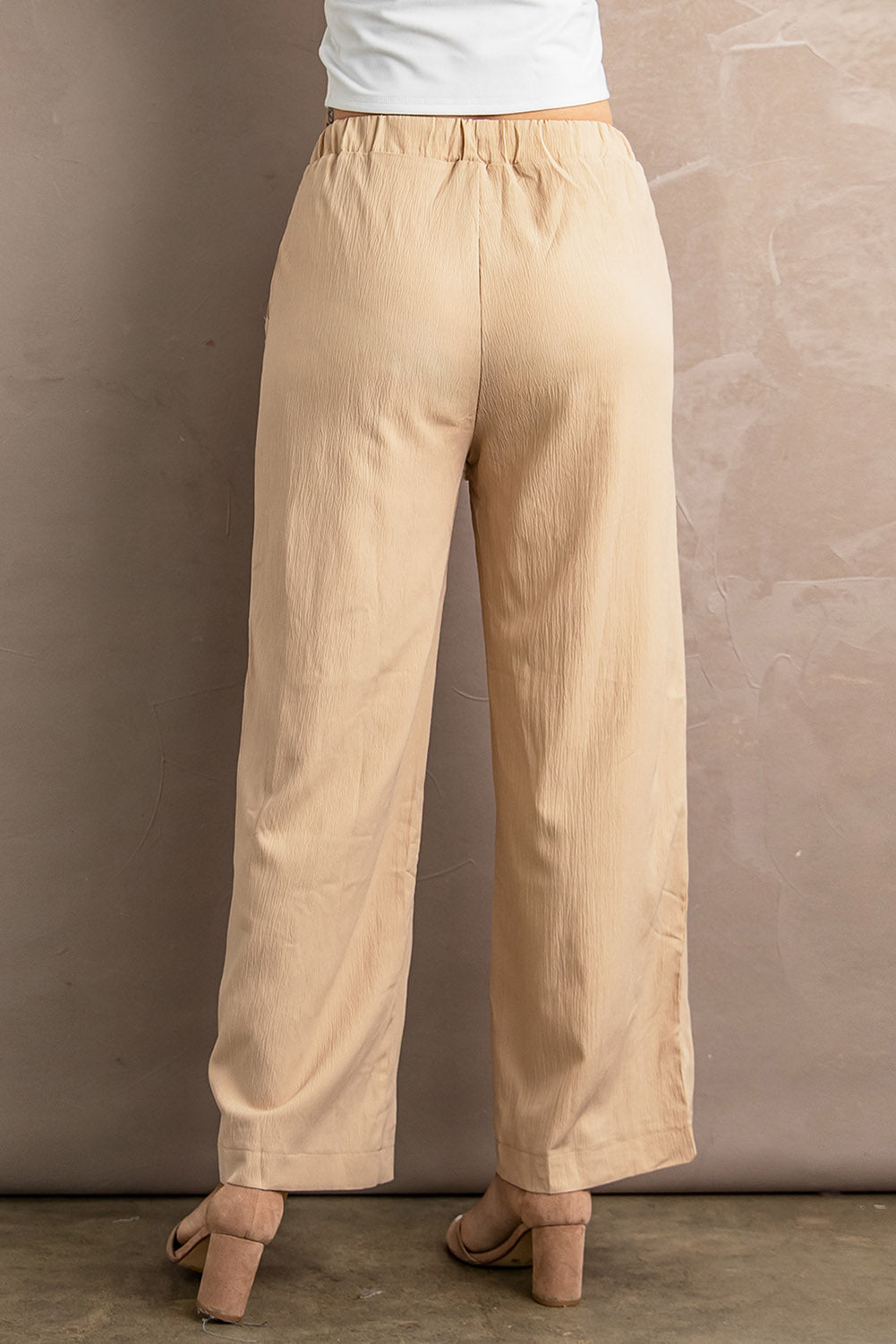 Drawstring Waist Crinkled Wide Leg Pants | Khaki