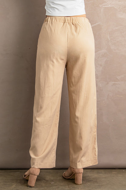 Drawstring Waist Crinkled Wide Leg Pants | Khaki