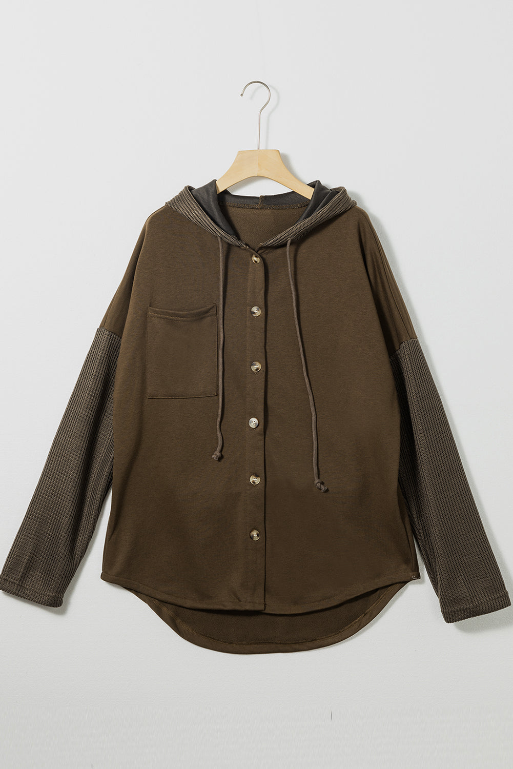 Button Up Contrast Knitted Sleeves Hooded Jacket | Dark Brown