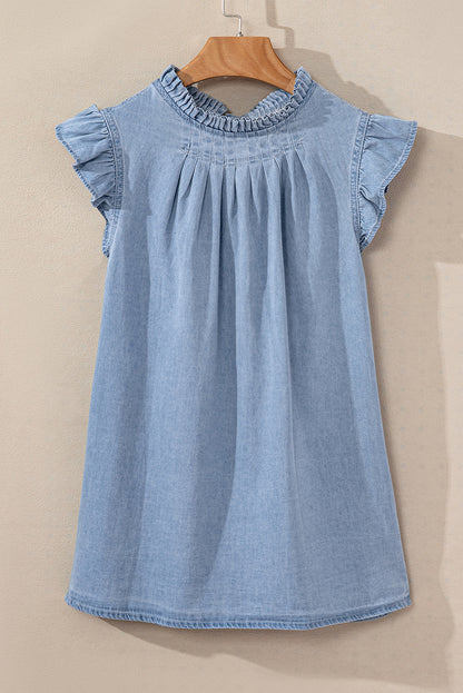 Frilly Pleated Button Back Retro Chambray Top | Beau Blue