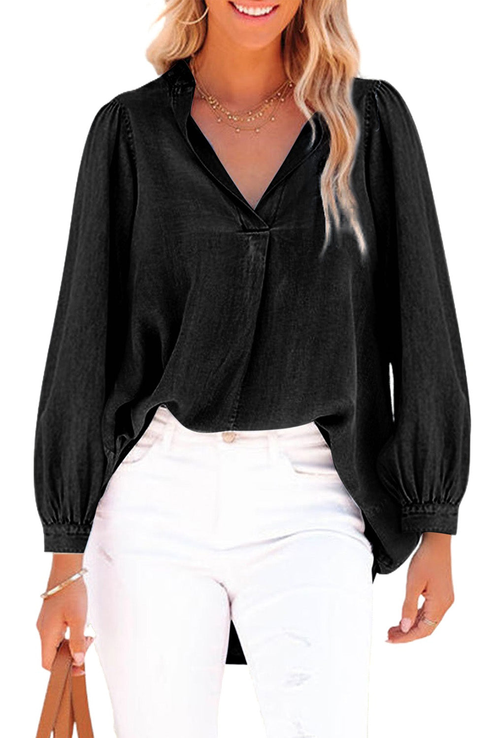 Split V-Neck Balloon Sleeve Ruched Denim Top | Black