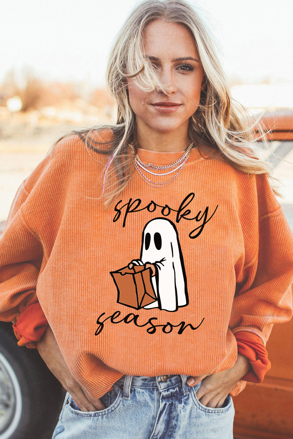 Spooky Season Ghost Print Ribbed Pullover Sweatshirt | Orange