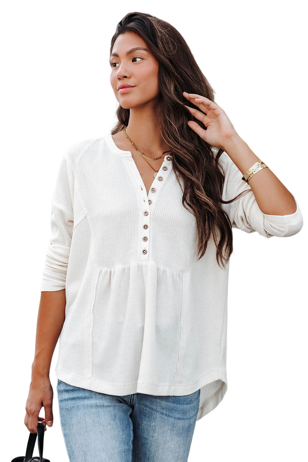 Waffle Knit Half Button Henley Top | White