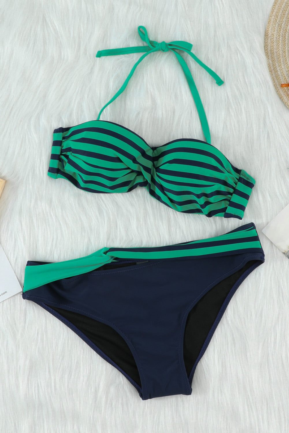 Halter Bandeau Striped Bikini | Green