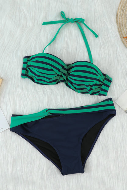 Halter Bandeau Striped Bikini | Green