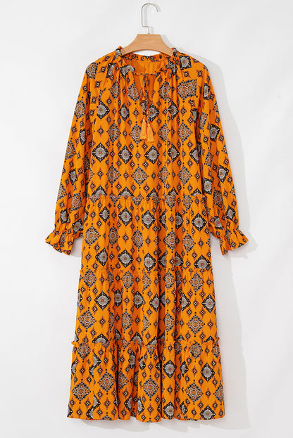 Western Geometric Print Tiered Frilled Loose Fit Midi Dress | Orange