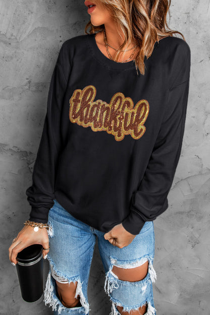 Glittering Thankful Graphic Drop Shoulder Sweatshirt | Black