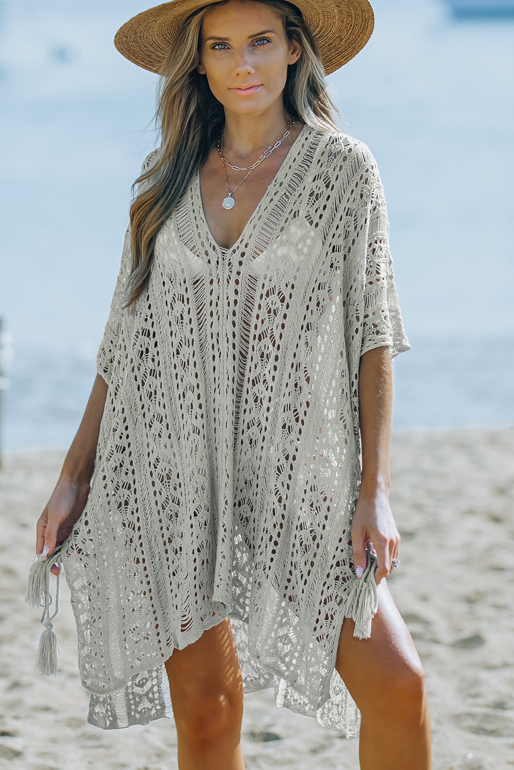 Crochet Knitted Tassel Tie High Low Beachwear | Gray