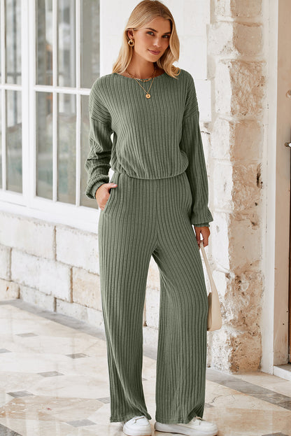 Solid Ribbed Knit Keyhole Back High Waist Jumpsuit | Laurel Green