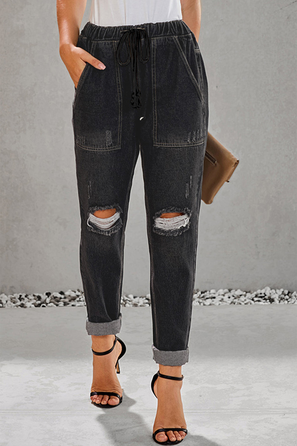 Black Gather Round Distressed Pocketed Denim Jogger