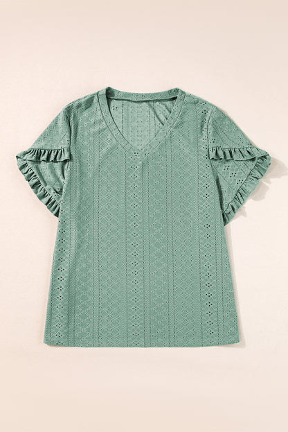 Petal Sleeve Jacquard V Neck Curvy Blouse | Laurel Green