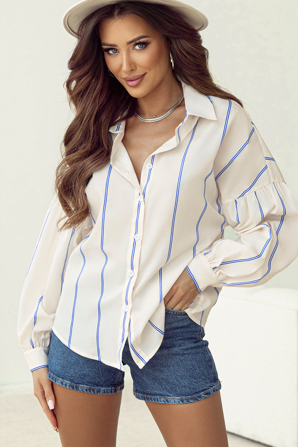 Drop Shoulder Bubble Sleeve Loose Shirt | Sky Blue Stripe