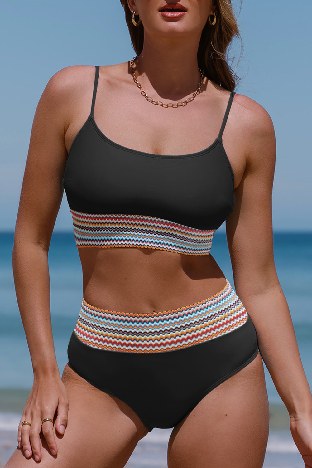 Striped Patchwork Spaghetti Strap High Waist Bikini Swimsuit | Black