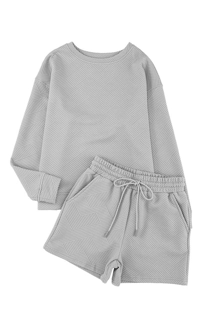 Textured Long Sleeve Top And Drawstring Shorts Set | Gray