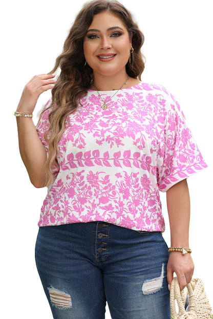 Floral Printed Curved Hem Plus Size T Shirt | White