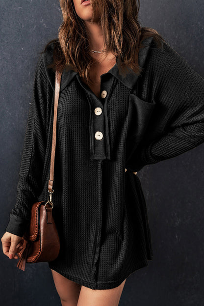 Waffle Knit Buttoned Long Sleeve Top | Black