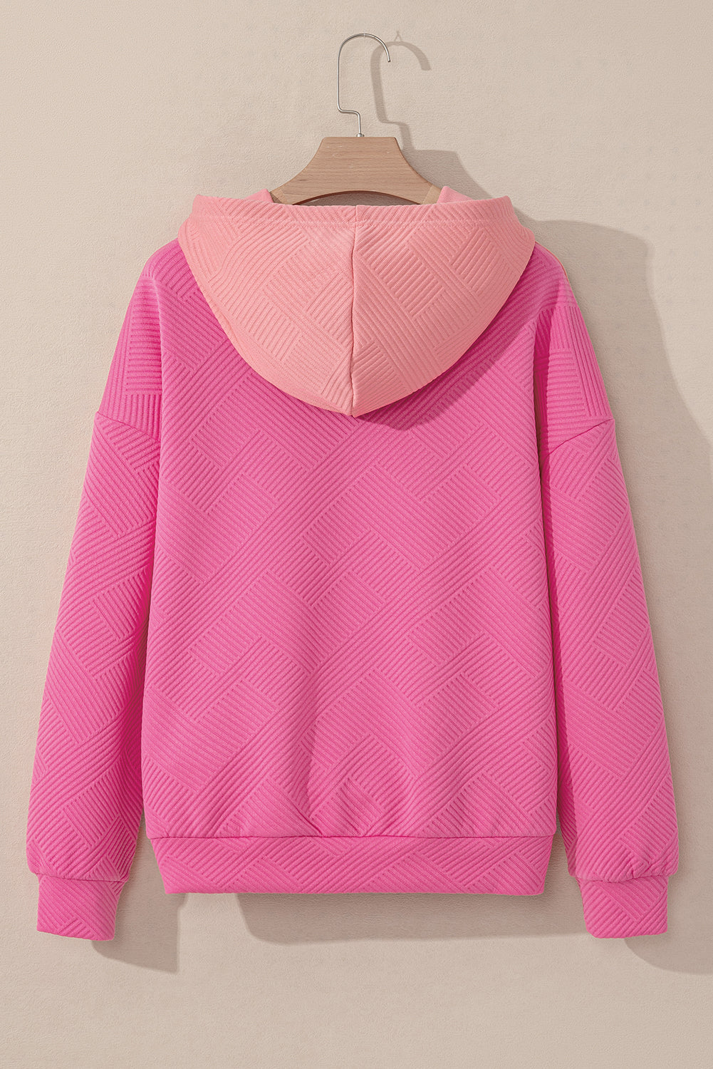 Textured Colour Block Kangaroo Pocket Drop Shoulder Hoodie | Pink