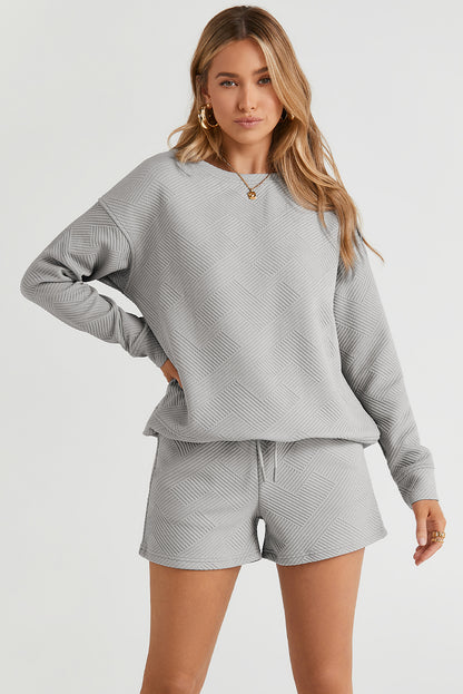 Textured Long Sleeve Top And Drawstring Shorts Set | Gray