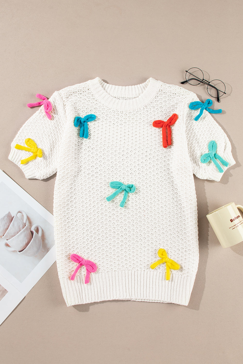 Colourful Bow Knit Mock Neck Short Sleeve Sweater | White