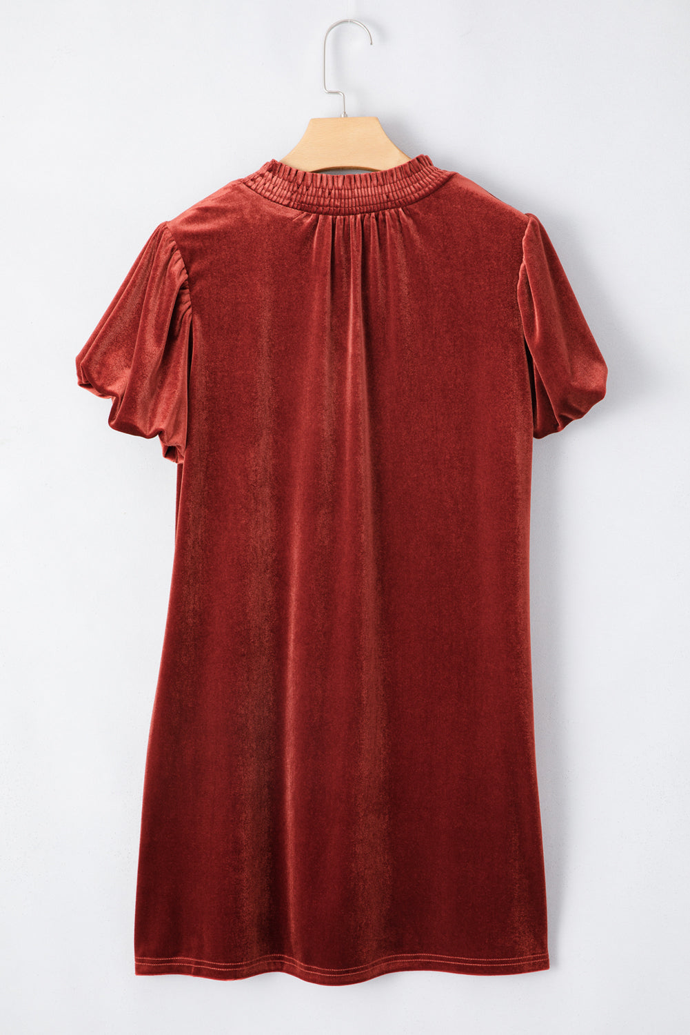 Velvet Smocked Neckline Puff Sleeve Shift Mini Dress | Cinnamon